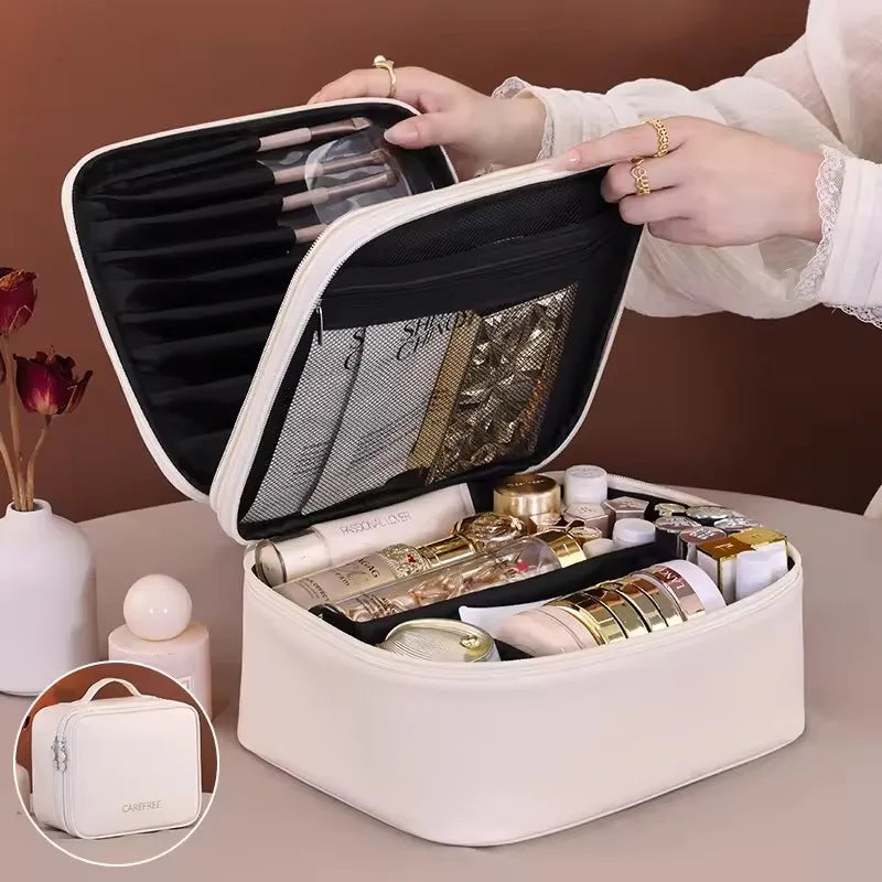 Multi-functional Cosmetic Bag Large-capacity Makeup Bag PU Double-layer Portable Travel Toiletry Pouch Women Makeup Storage Bag