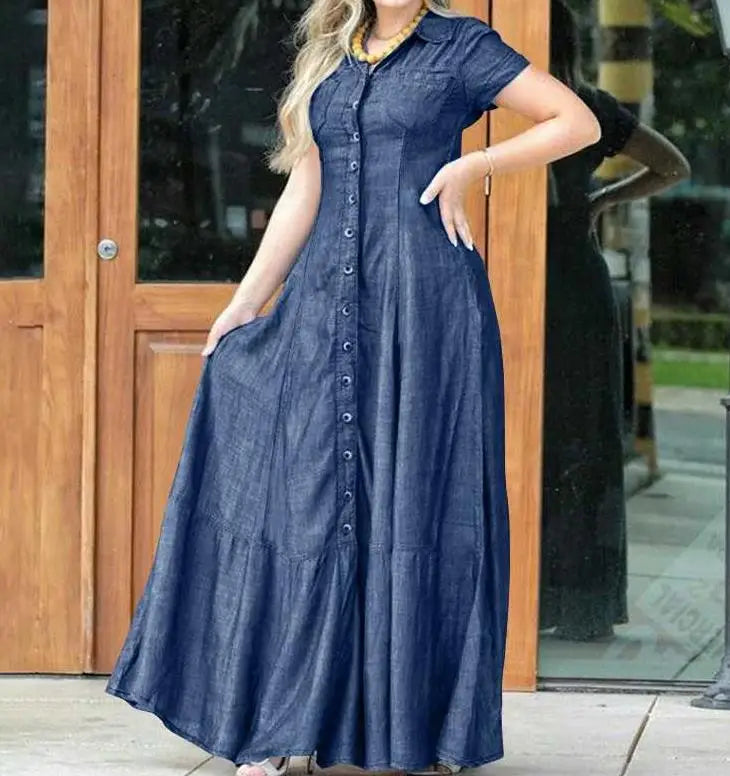 Womens Dresses Summer Fashion Solid Color Lapel Short Sleeve Daily Swing Single-Breasted Denim Maxi Shirt Dress