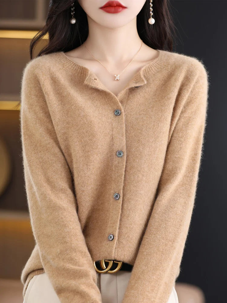 Women Cashmere Sweater 100% Merino Wool Knitted Cardigan Autumn Winter  Knitwear O-Neck Female  Solid Color Casual Fashion Top