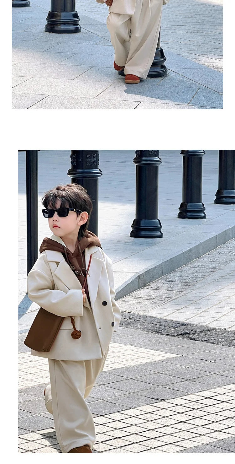 Boys Woolen Suit Set Autumn Winter Thicken Warm Casual Blazers Trousers Two-piece Children White Wedding Outfits 2 To 12 Years