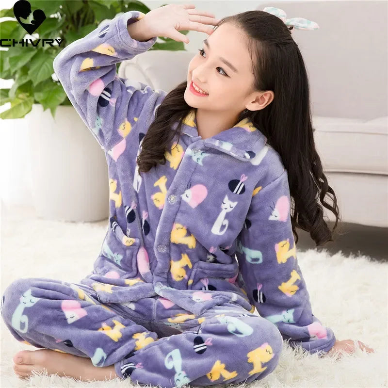 New Kids Flannel Pajama Sets Boys Girls Autumn Winter Thicken Warm Home Wear Cartoon Lapel Long Sleeve Sleeping Clothing Sets