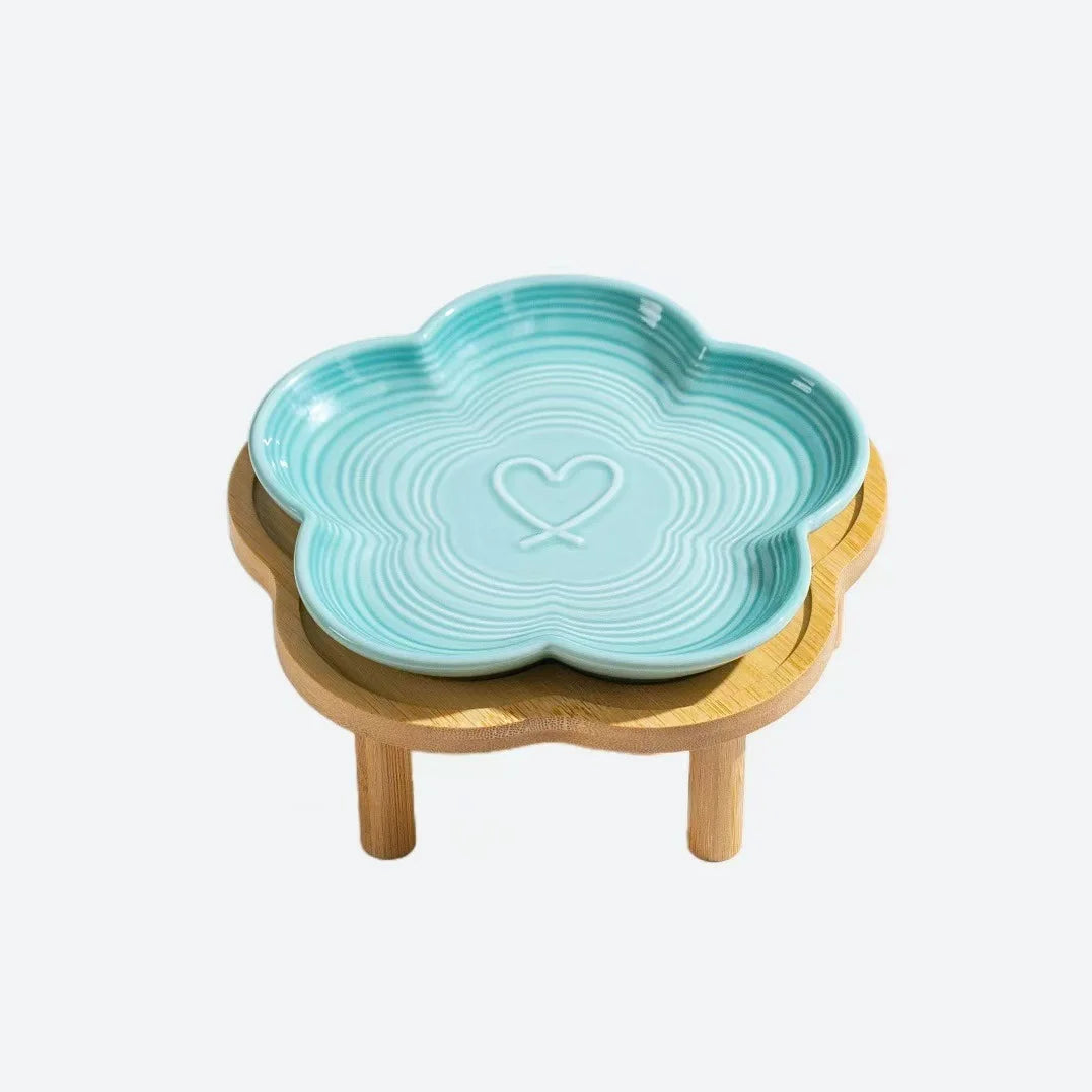 High Aesthetic Ceramic Pet Bowl with Wood Stand, Shallow Dish for Cat Snacks, Cute Bow Knot Pattern, Cat Food Dish,Home Kitchen