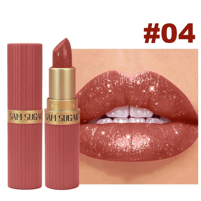 Pearlescent Pink Glitter Lipstick Metallic Waterproof Long Lasting Nude Matte Velvet Lip Stick Shimmer Diamond Women Sexy Makeup