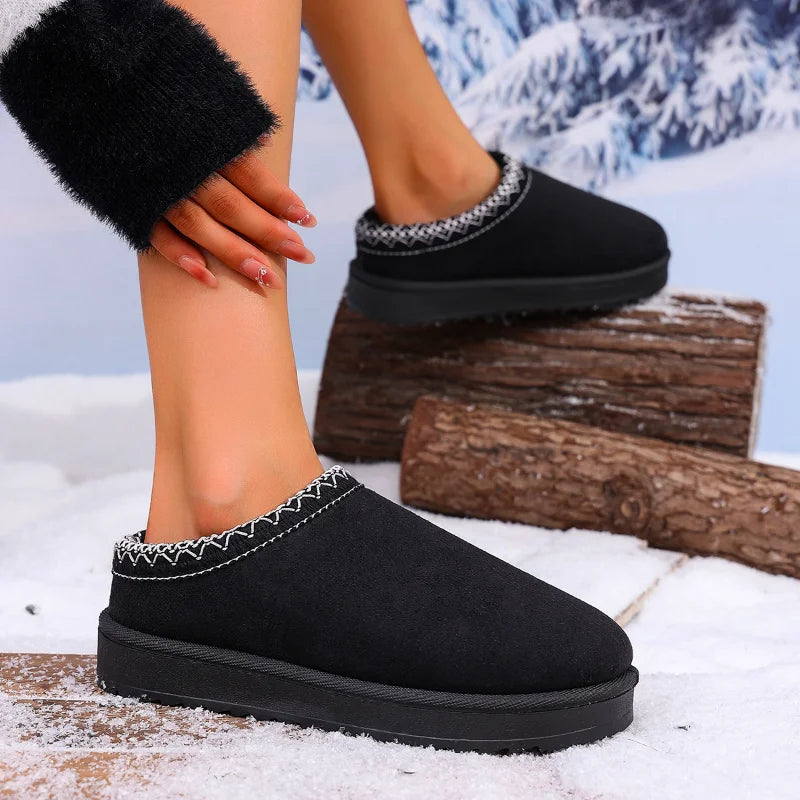 2026 Winter Women Snow Boots Cashmere Warm Thick Soles Without Heel-covered Hair Half Slipper Cotton Shoes Cashmere Warm Boots