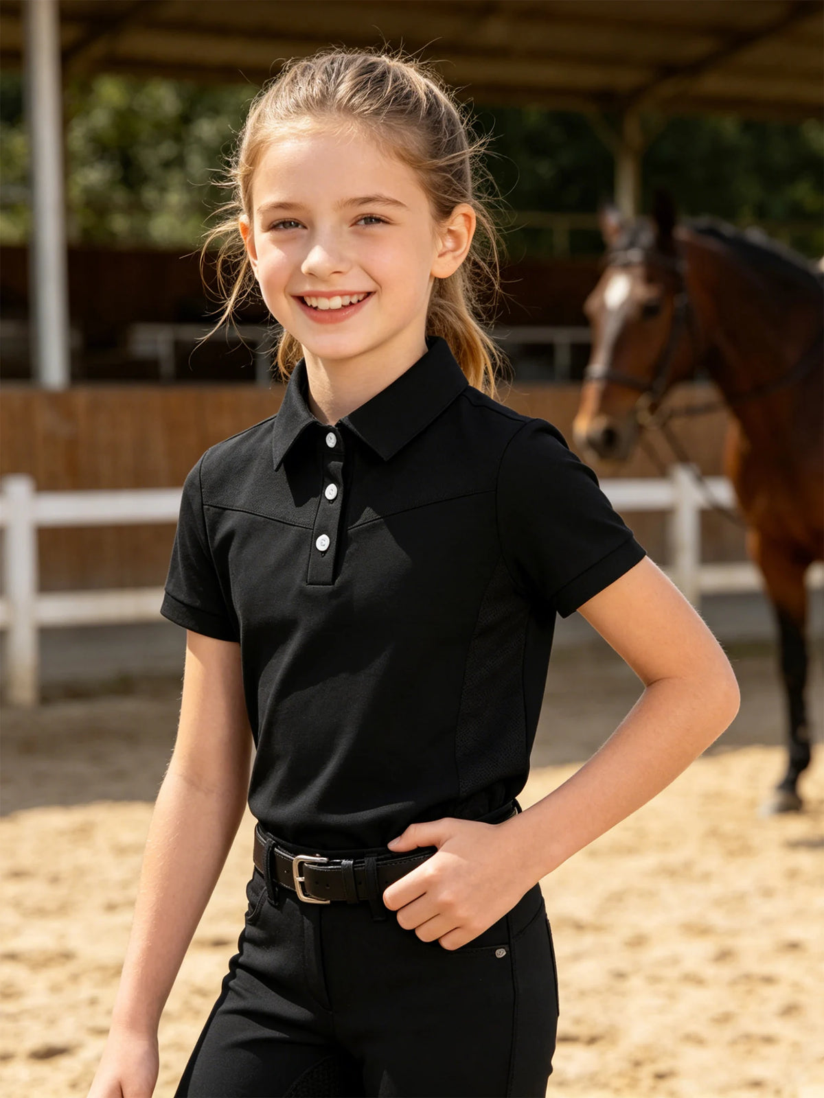 Kids Girls Horse Riding Shirts Short Sleeve Turn Down Collar Buttons T-shirt Closure Design Equestrian Costumes Sports Tops