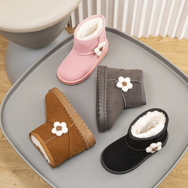 Girl's Winter Snow Boots Appliques Furry Platform Suede Kids Short Boot Four Colors Flexiable Non-slip Warm Chic Children Boot