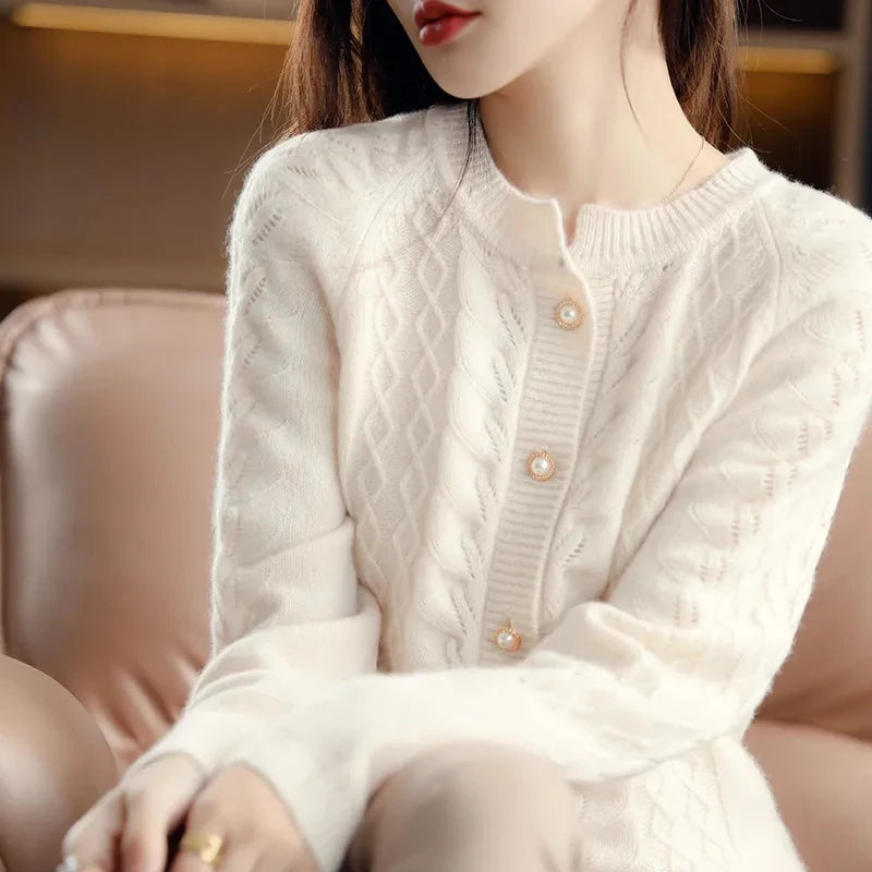 Cashmere Sweater Cardigan Women Single Breasted Long Sleeve Elegant Vintage Jumper Solid Wool Knitted Autumn Winter Outwear