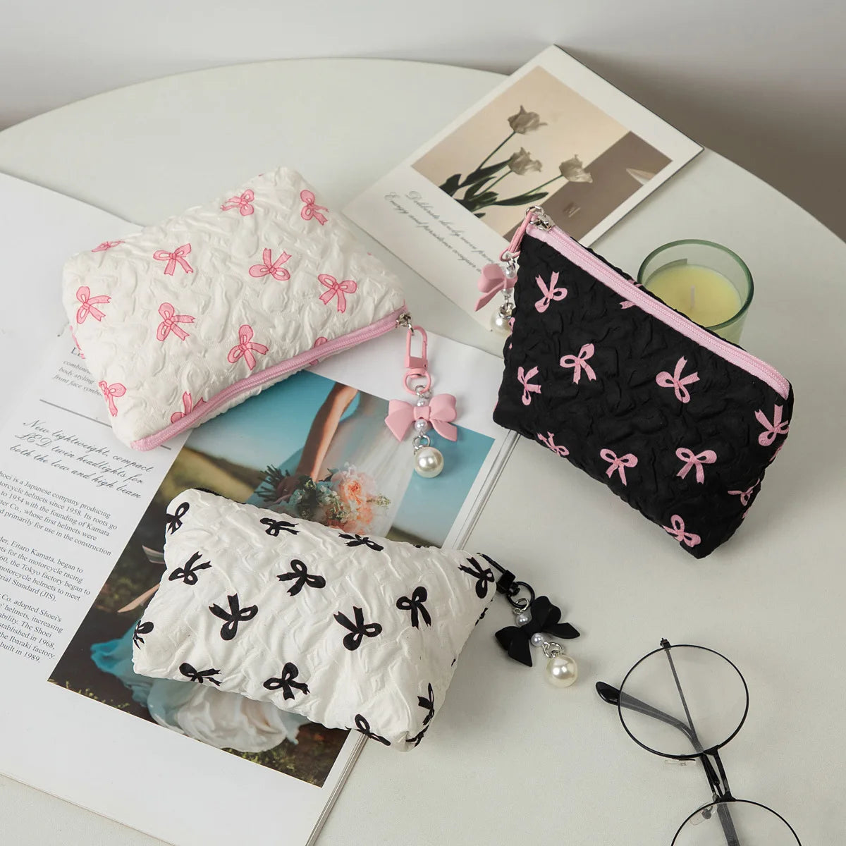Embroidered Bow Makeup Bag, High Appearance Level, Coin Purse Storage Bag, Cute, Large Capacity, High-End Makeup Bag