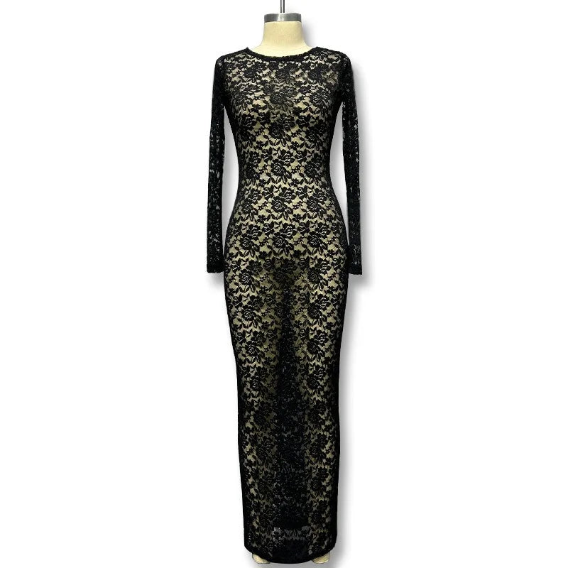 New Spring and Summer Fashion Crew Neck Women's Lace Long Sleeve Dress Elegant Sheer Sexy Slim-fitting Casual Women's Long Dress