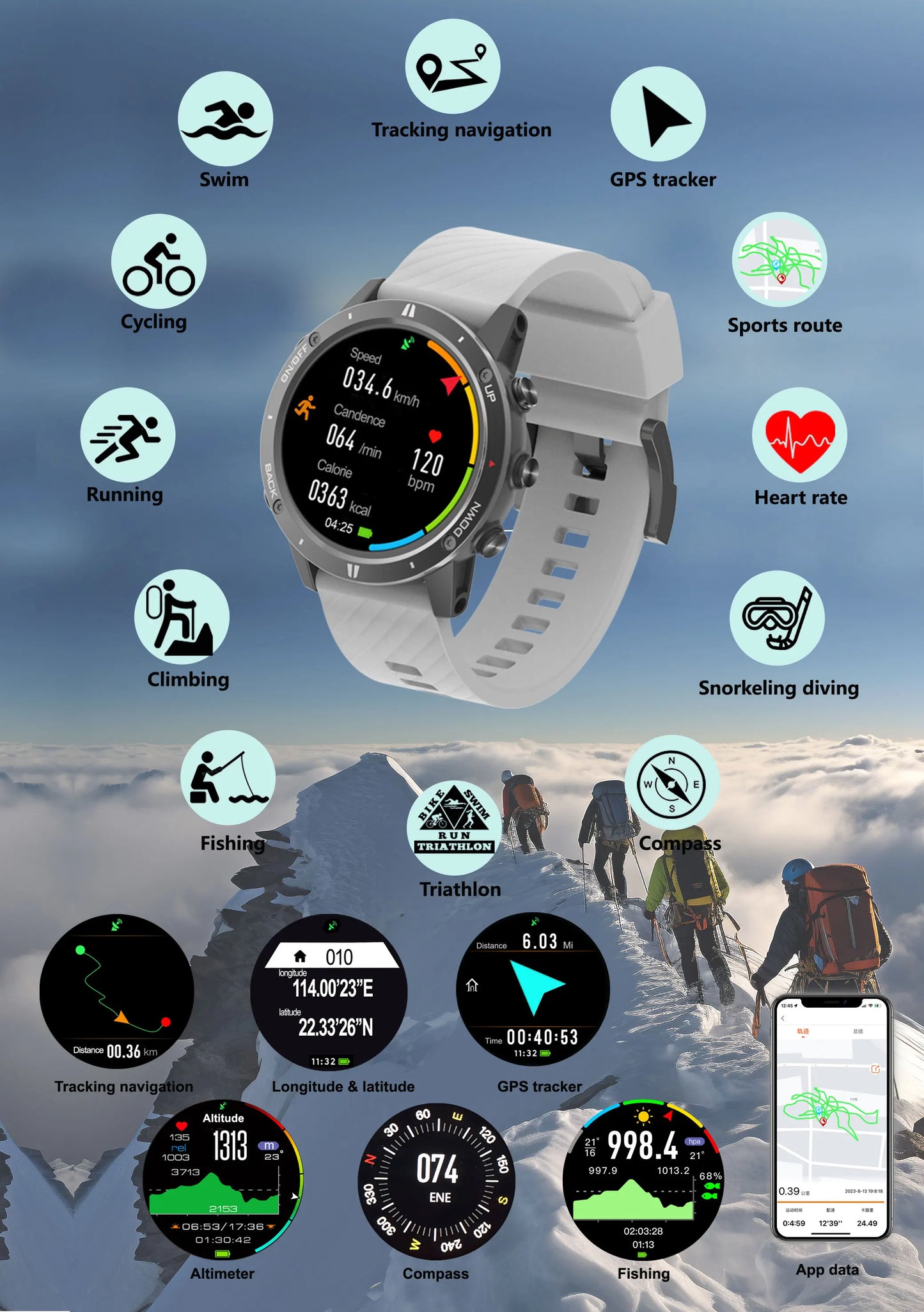 2024 New Sunroad GPS Sports Watch Smart Men Sports Fitness Watches Swim Waterproof Climb Hiking Running Digital Wristwatch G5