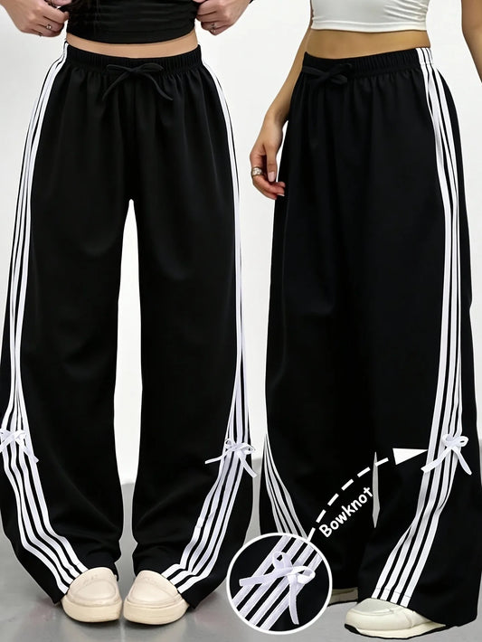 Girls Trendy  Black Wide Leg Pants, 3 White Striped Drawstring Waist Trousers with Bowknot Detail Casual Streetwear