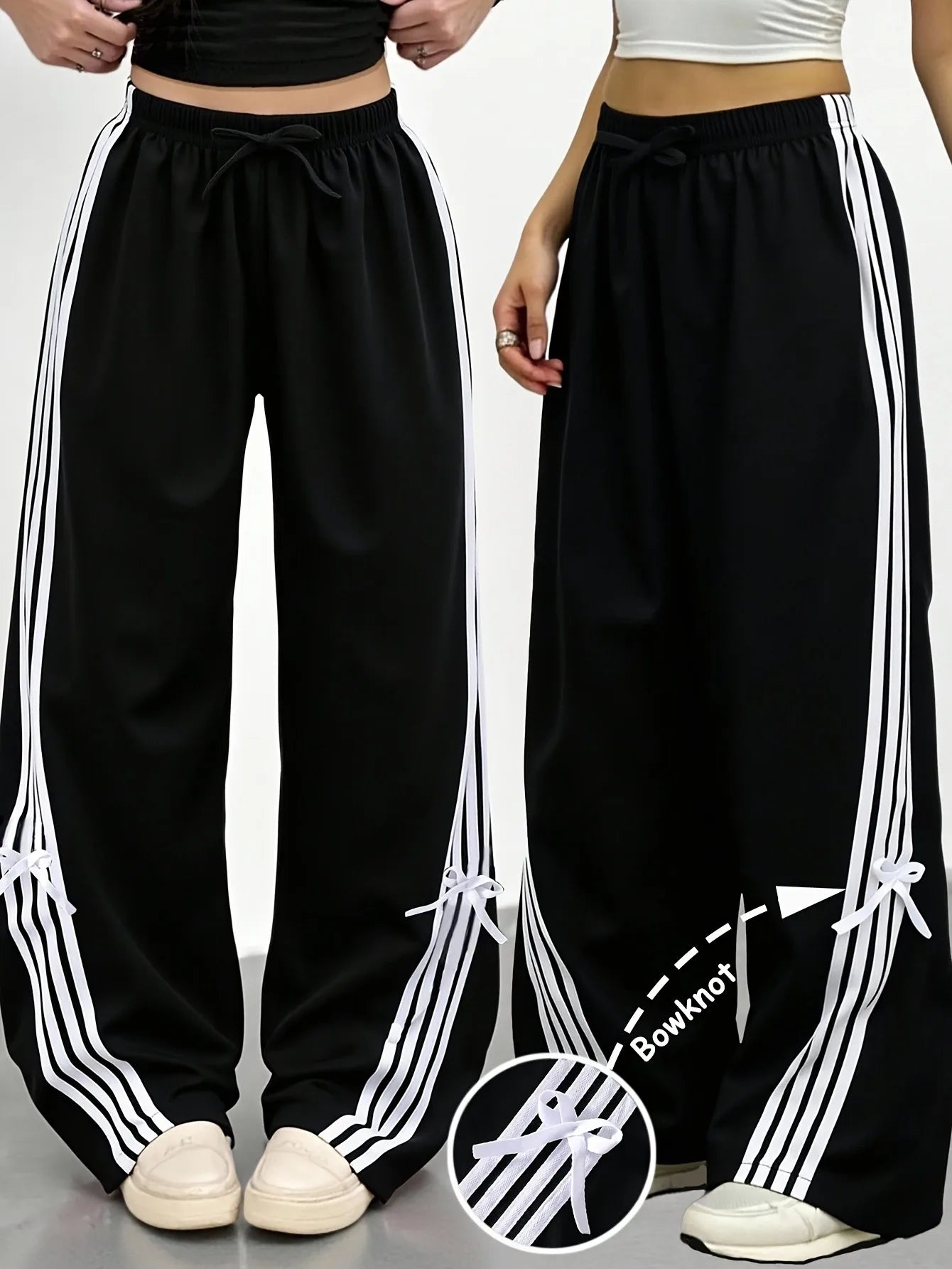 Girls Trendy  Black Wide Leg Pants, 3 White Striped Drawstring Waist Trousers with Bowknot Detail Casual Streetwear
