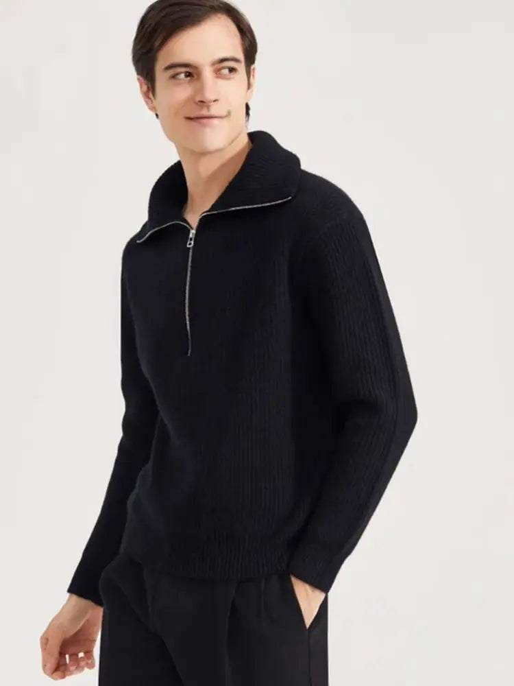 Men's Cashmere Thickened Quarter Zipper Pullover Sweater Slim Fit Lightweight Warm Long Sleeve Casual Knitwear