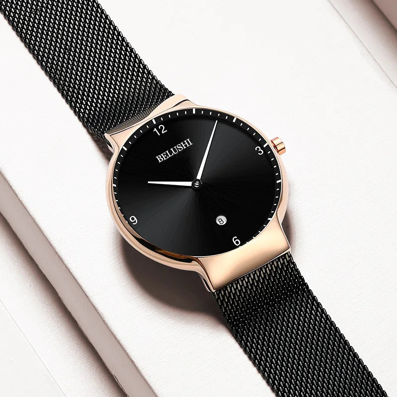 BELUSHI new Quartz Watch men ultrathin Waterproof Man Quartz Watch simple dial calendar mesh strap Fashion Mens Wristwatch