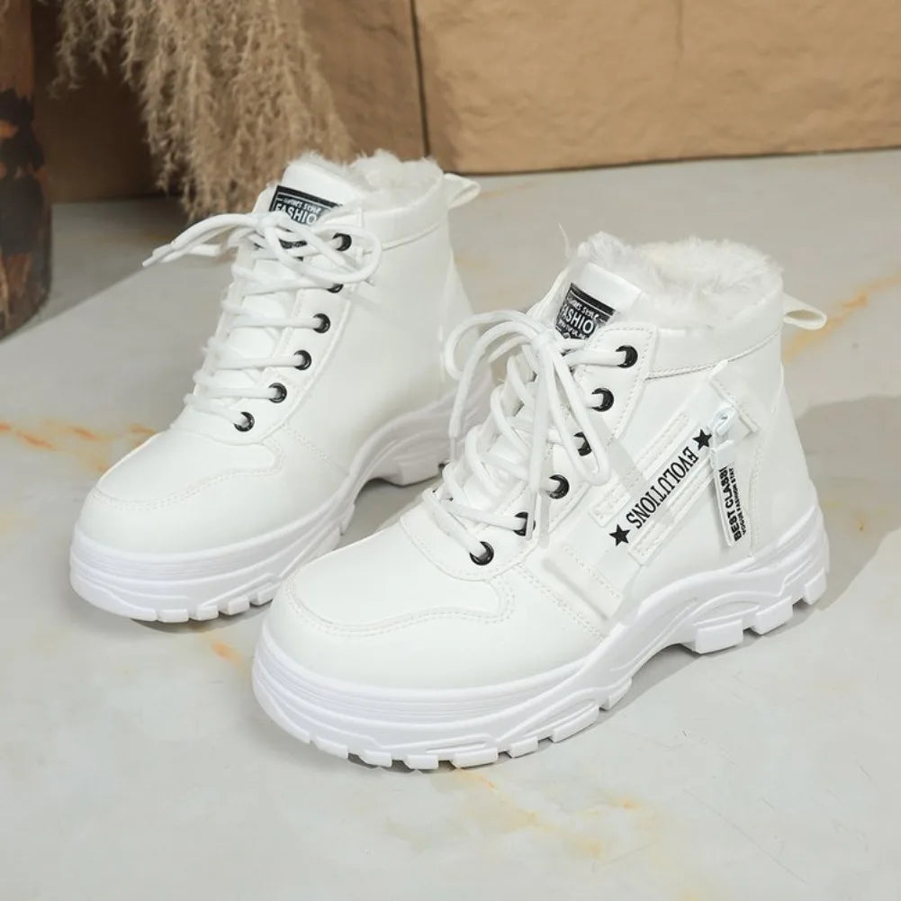 Women's Winter Snow Boots Warm Plush Lined Lace Up Chunky Platform Sneaker Booties Side Zipper Outdoor Walking Shoes for Ladies
