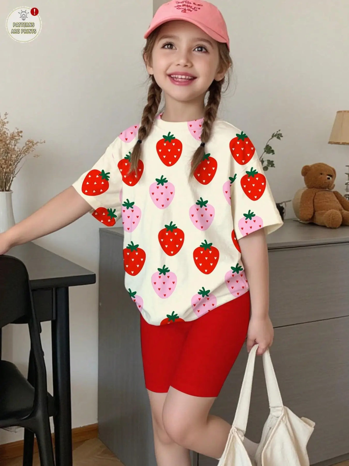 Girls' Summer Casual Outfit: Strawberry Print Short-Sleeve Top + Red Tight Leggings Two-Piece Set Suitable for Girls Aged 4-12, Versatile for Home and Outdoor Wear