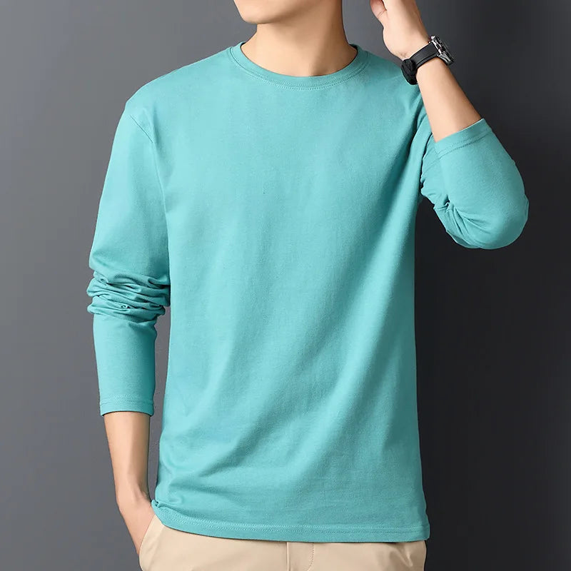 Spring Autumn 100% Cotton T-Shirts Men Solid Round Neck Long Sleeve Casual Tshirt Male Comfortable Breathable Korean Slim Tees