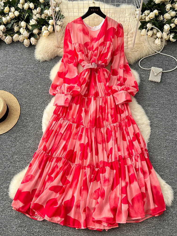 Spring Summer Women's Long Sleeved Printed Large Swing Dress New French Fashion Beach Style Cinched Round Neck Long Dress Y01