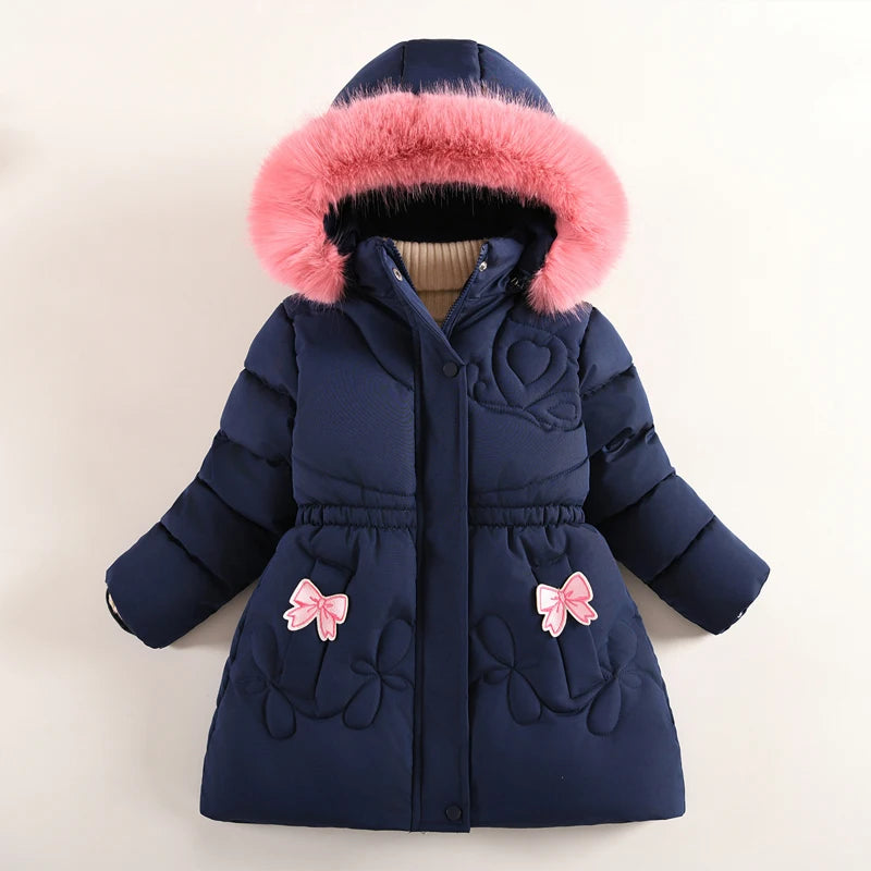 2025 Winter New Girls Jacket Long Solid Color Lining Berber Fleece Thick Warm Hooded Parka For 4-10Y Girls Bow Fashion Snowsuit