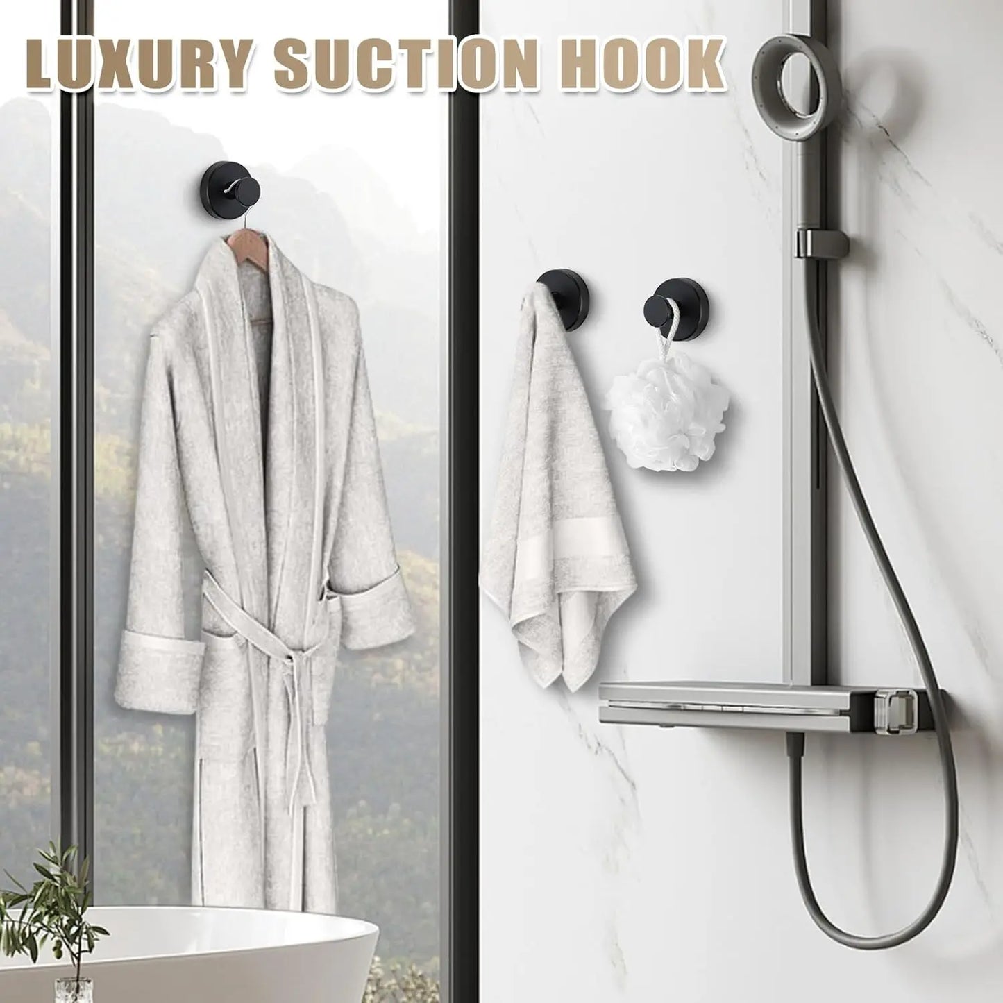 Towel Hook Shower Suction Hooks Towel Hanger for Bathroom Hanging Coat, Robe, Removable Wall Mounted Hook for Bedroom Kitchen Hotel Pool Matte Black(2-Pack)