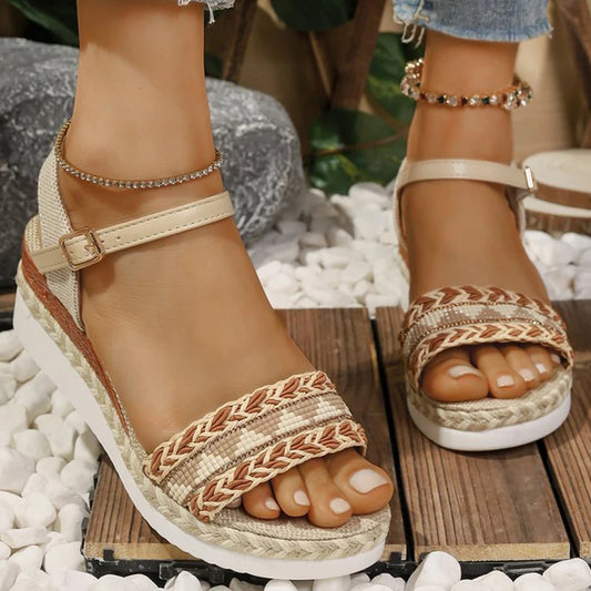 Bohemian Braided Wedge Sandals for Women Summer 2025 Beach Casual Ankle Strap Sandles Woman Plus Size Med Heel Sandalias Ladies