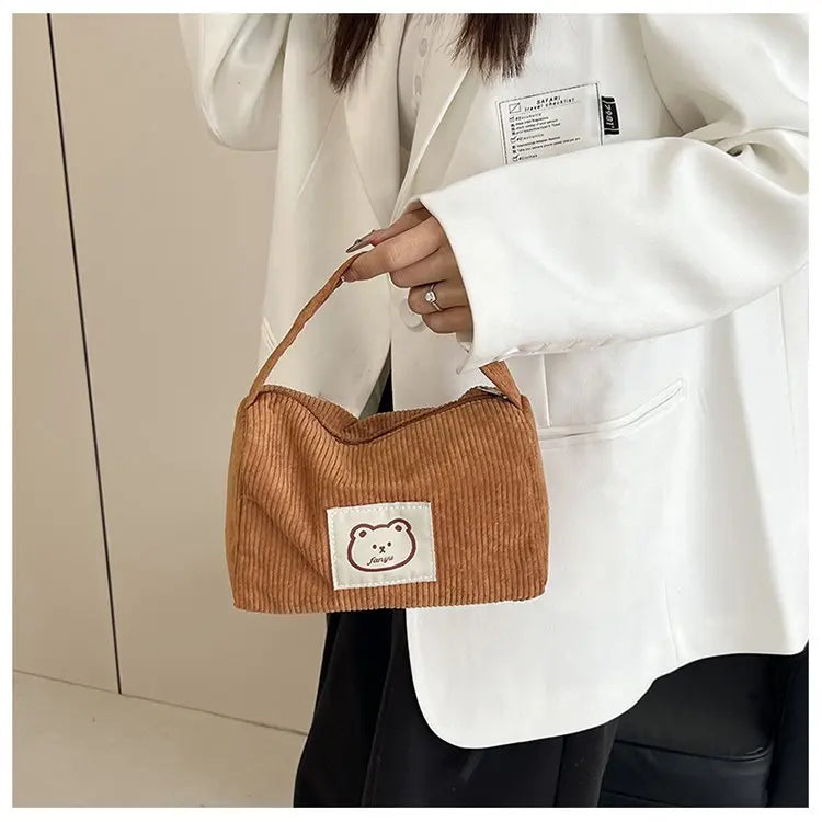 Bear Large Makeup Bag for Women Corduroy Cosmetic bag Make up Bags Zipper Pouch with handle Cosmetic Organizer Toiletry Bag