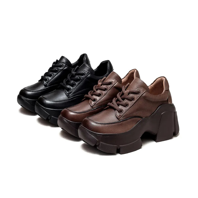 GKTINOO 2026 Women Shoes Handmade Retro 100% Genuine Leather Thick High Heel Chunky Platform Casual Height Increasing Shoes