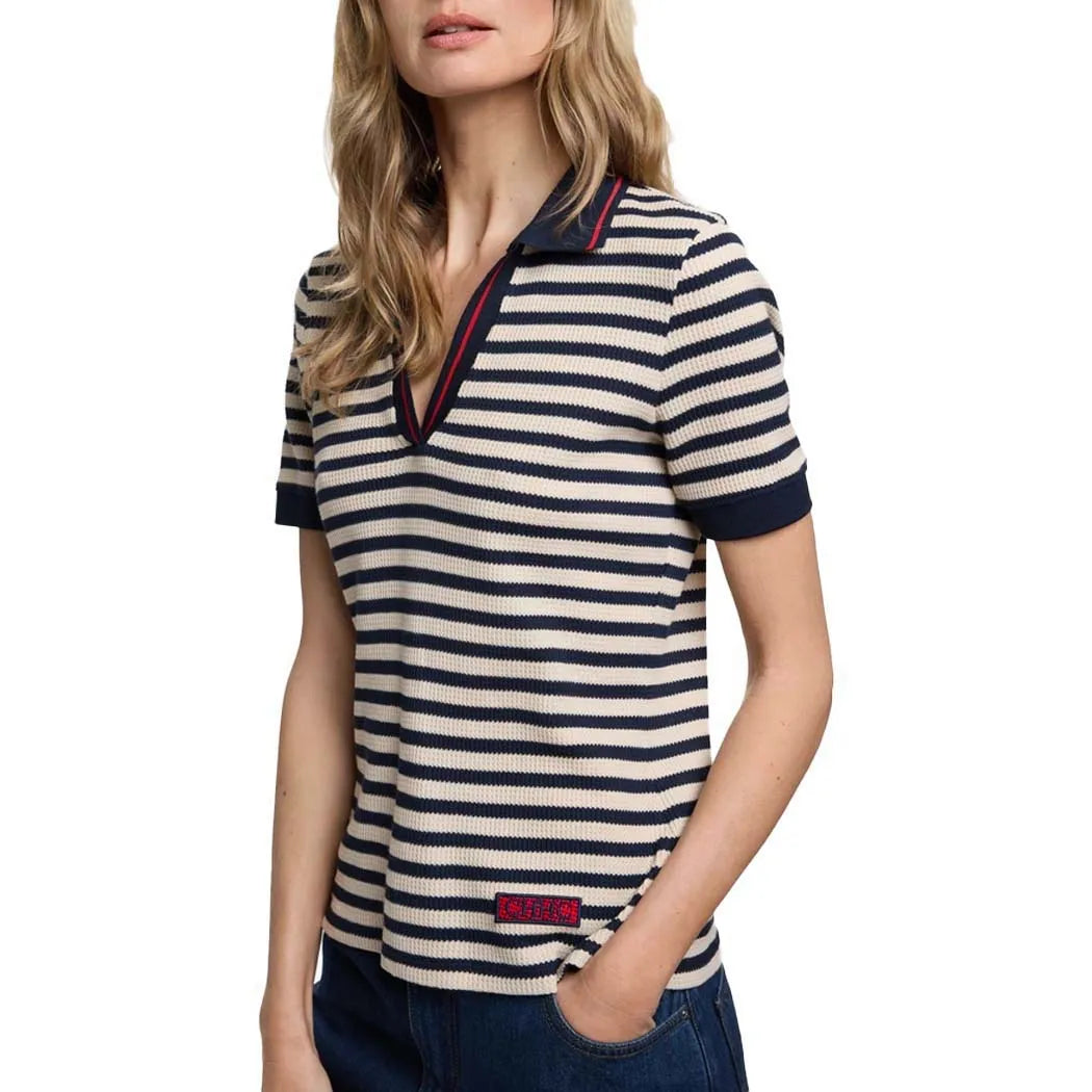 CHCH Fashion Stripe Knitted Polo Neck T Shirt For Women Soft Chic Short Sleeve Casual Pullovers 2025 Summer New Lady Street Tops