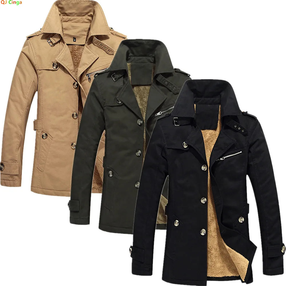 Men's Long-Sleeve Fleece-Lined Jacket, New Winter Style Collared Warm Coat, Available in Black, Blue, Khaki, and Army Green.