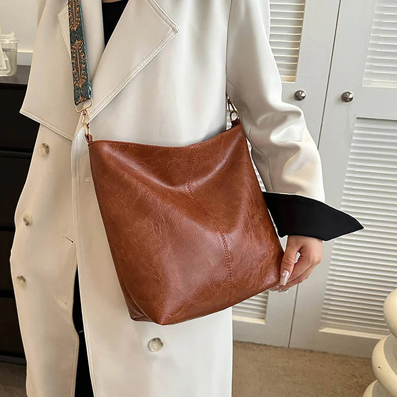 Antique Single Color Feminine Shoulder Sling Bag; Spacious, Simple, Wide Strap Bucket Crossbody Bag