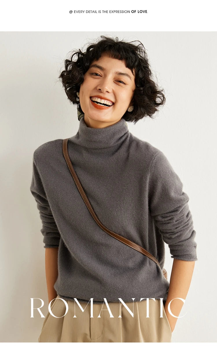 Women's 100% Cashmere Sweater Casual Solid Color Knitted Pullover Loose High Neck Jumper Autumn/Winter Warm Blouse Tops