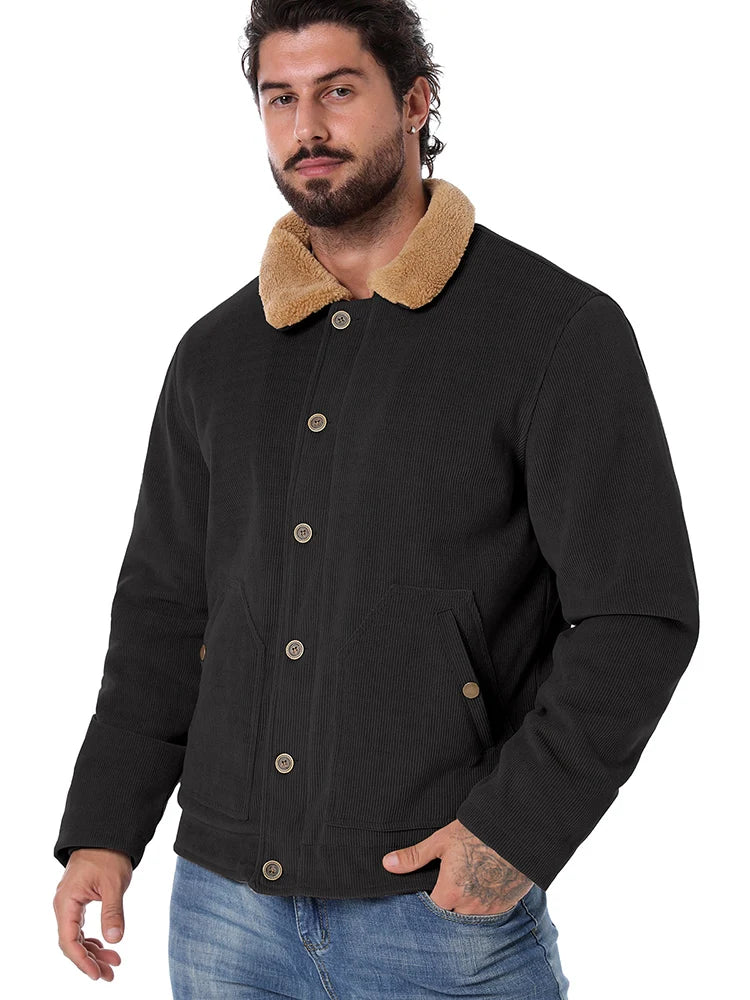 Men's Winter Corduroy Jacket Fleece Warm  Lined Cargo Work Jacket Casual Thick Sherpa Collar Trucker Deck Navy Coats