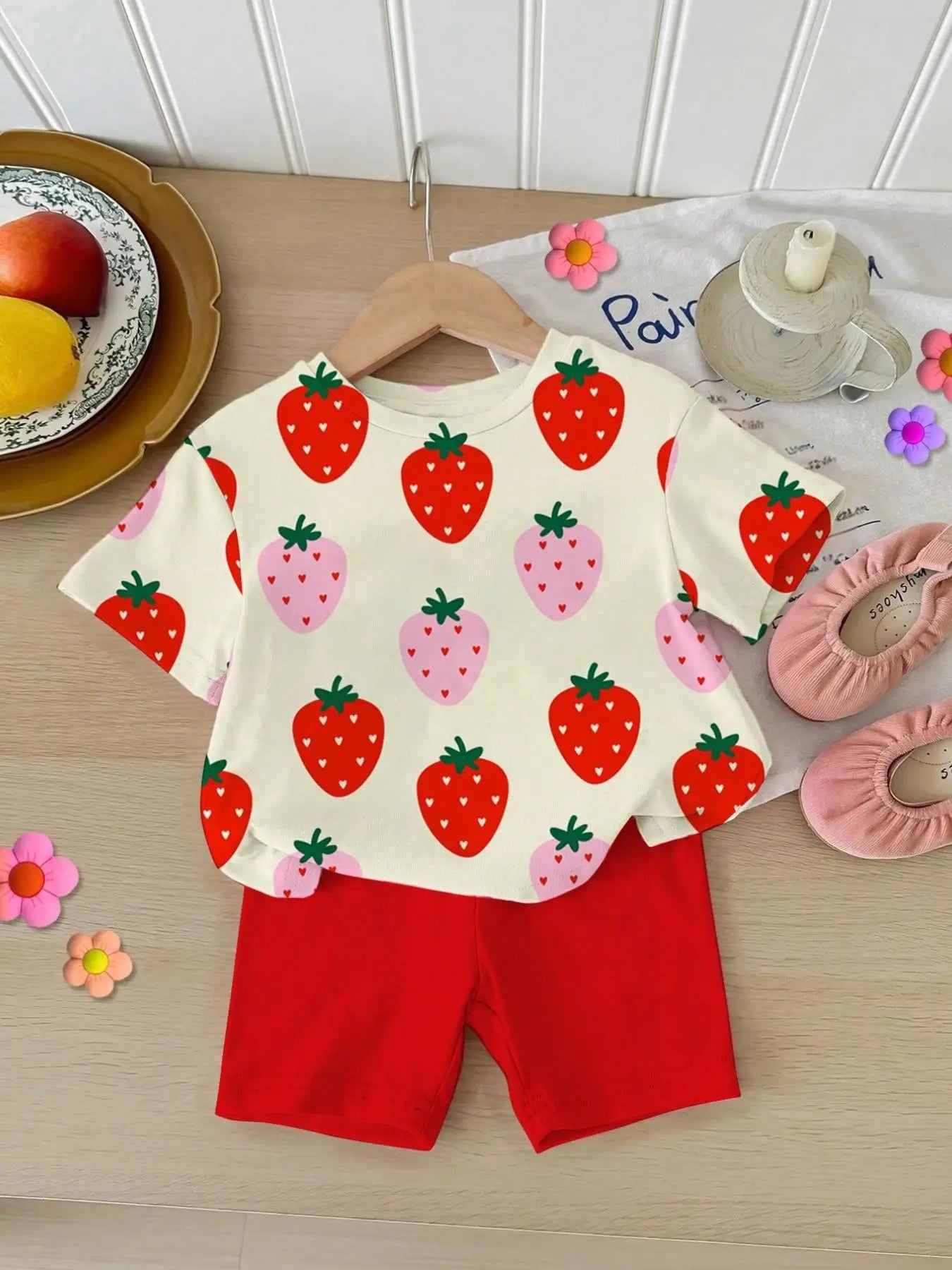 Girls' Summer Casual Outfit: Strawberry Print Short-Sleeve Top + Red Tight Leggings Two-Piece Set Suitable for Girls Aged 4-12, Versatile for Home and Outdoor Wear