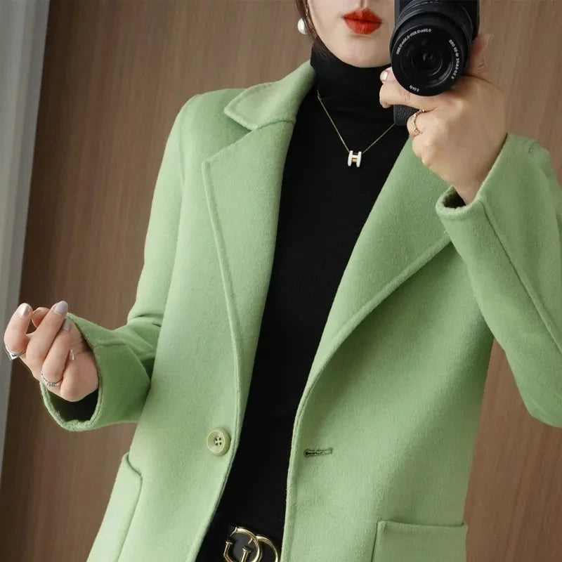 100% Pure Wool Double-Sided Cashmere Jacket Women Overcoat  Autumn Winter New Mid-Length One-Button Slim Wool Windbreakers coat