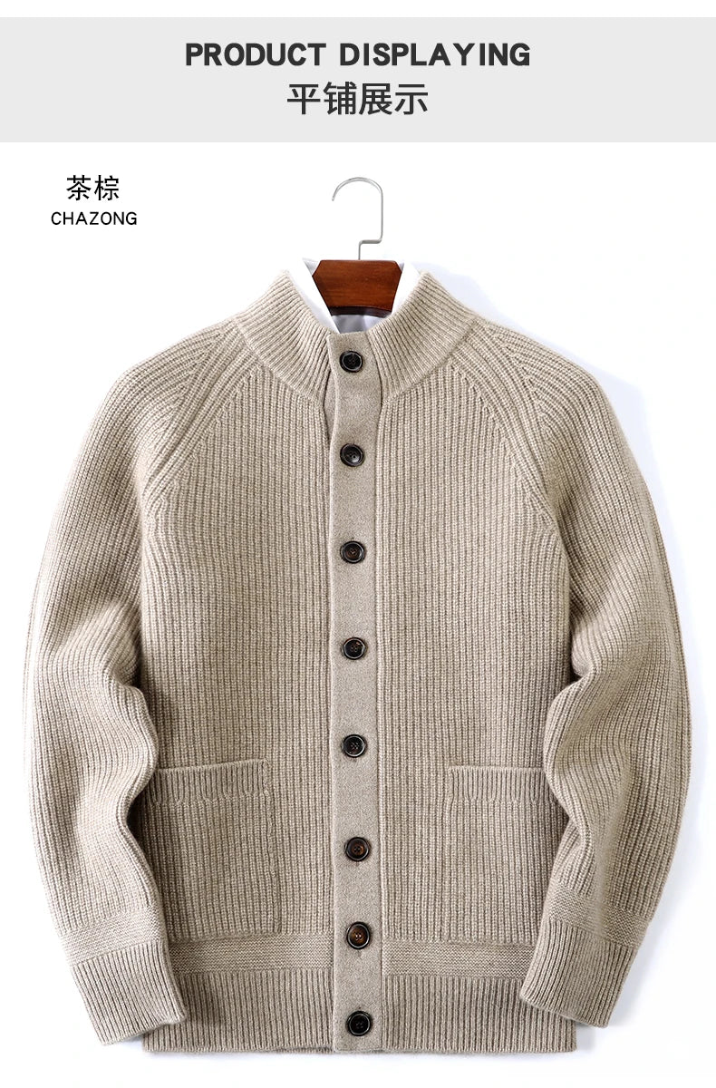 100% Pure Cashmere Sweater for Men's Cardigan Half Turtleneck Knitted Jacket for Winter High-End Business Thickened Sweater