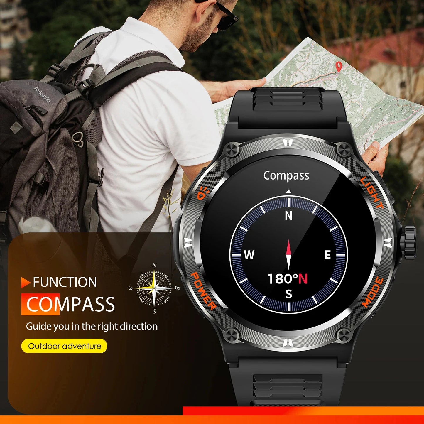 High End Military Smart Watch Men 2024 3ATM Waterproof LED Flashlight Original Design Sports Watches With Compass 500mAh Battery