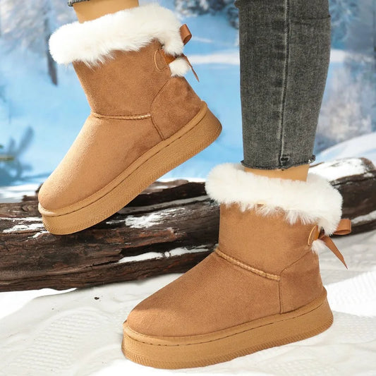 Winter New Snow Boots Fashion Round Toe Bow Suede Sleeve Platform Non-Slip Warm Cotton Boots