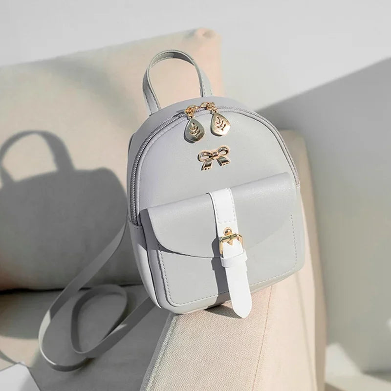 Women's Mini Backpack Luxury PU Leather Kawaii Backpack Cute Graceful Bagpack Small School Bags for Girls Bow-knot Leaf Hollow