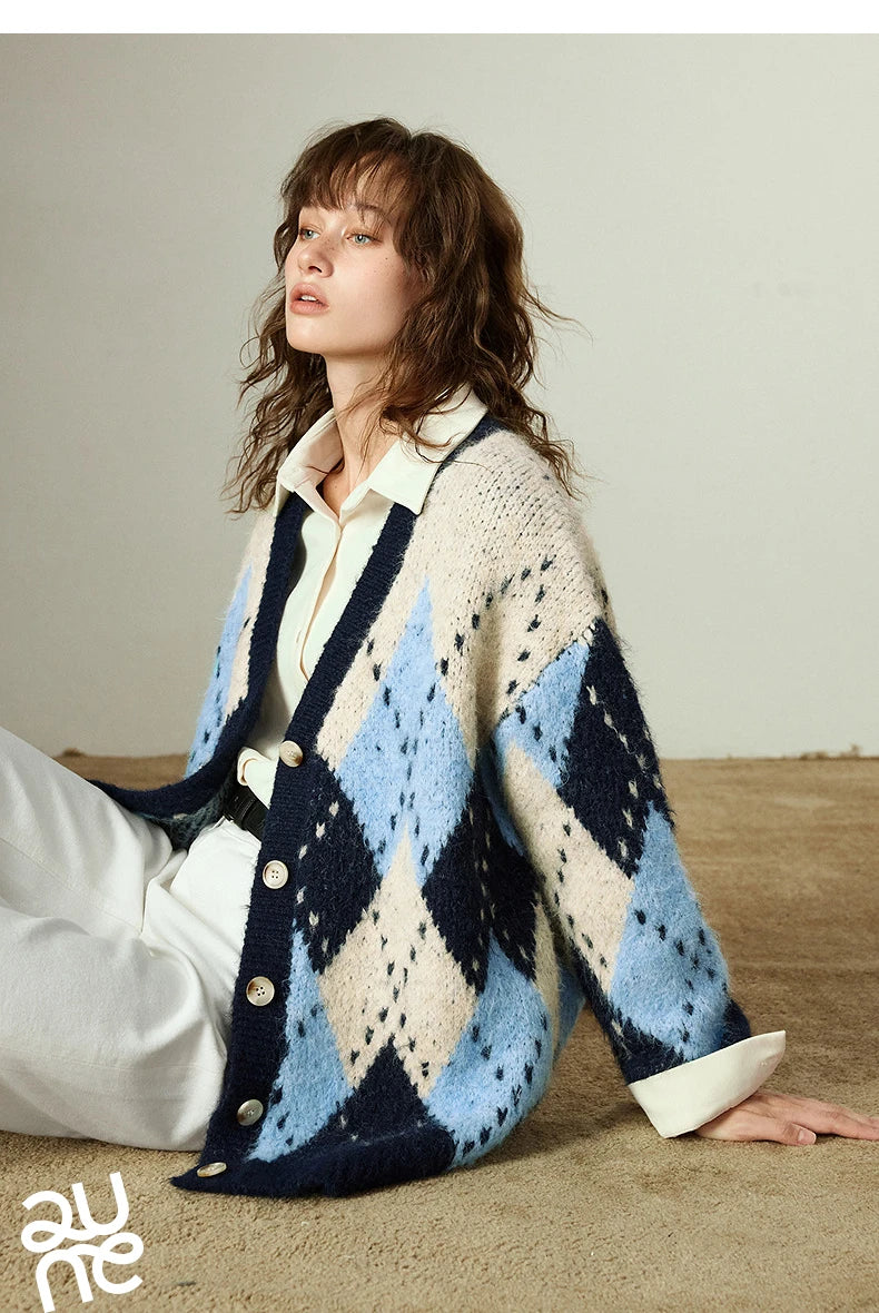 TOYOUTH Women Sweater Coats 2025 Winter New Retro Nordic Colorblock Argyle V-Neck Loose Wool-Blend Outerwear