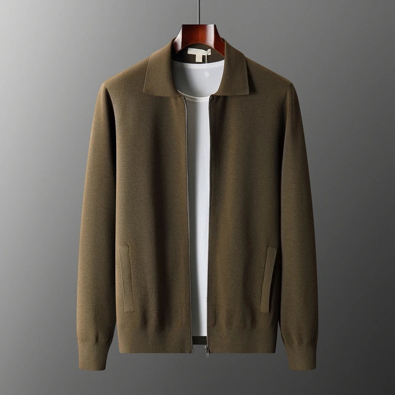 Men's Cardigan 100% Pure Cashmere Jacket Zippered Lapel Knit Sweater, Loose Thickened Long Sleeved Business Casual Autumn Winter