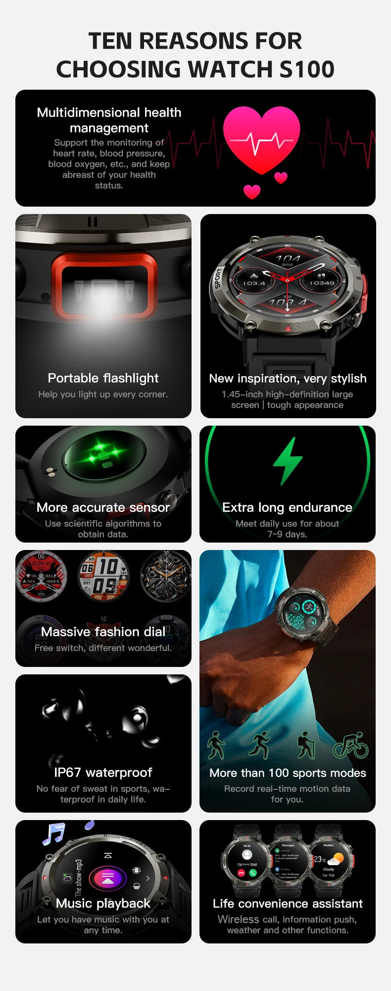 LIGE Military Grade New Outdoor Sports Men Smart Watch AMOLED Full Touch Screen With LED Flashlight Bluetooth calling SmartWatch