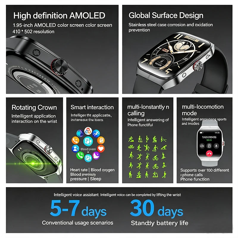Smart Watch 1.95''AMOLED Curved Display BT Call NFCHeart Rate Monitor Multi-Sport Modes Fitness Tracker Smartwatch for Men Women