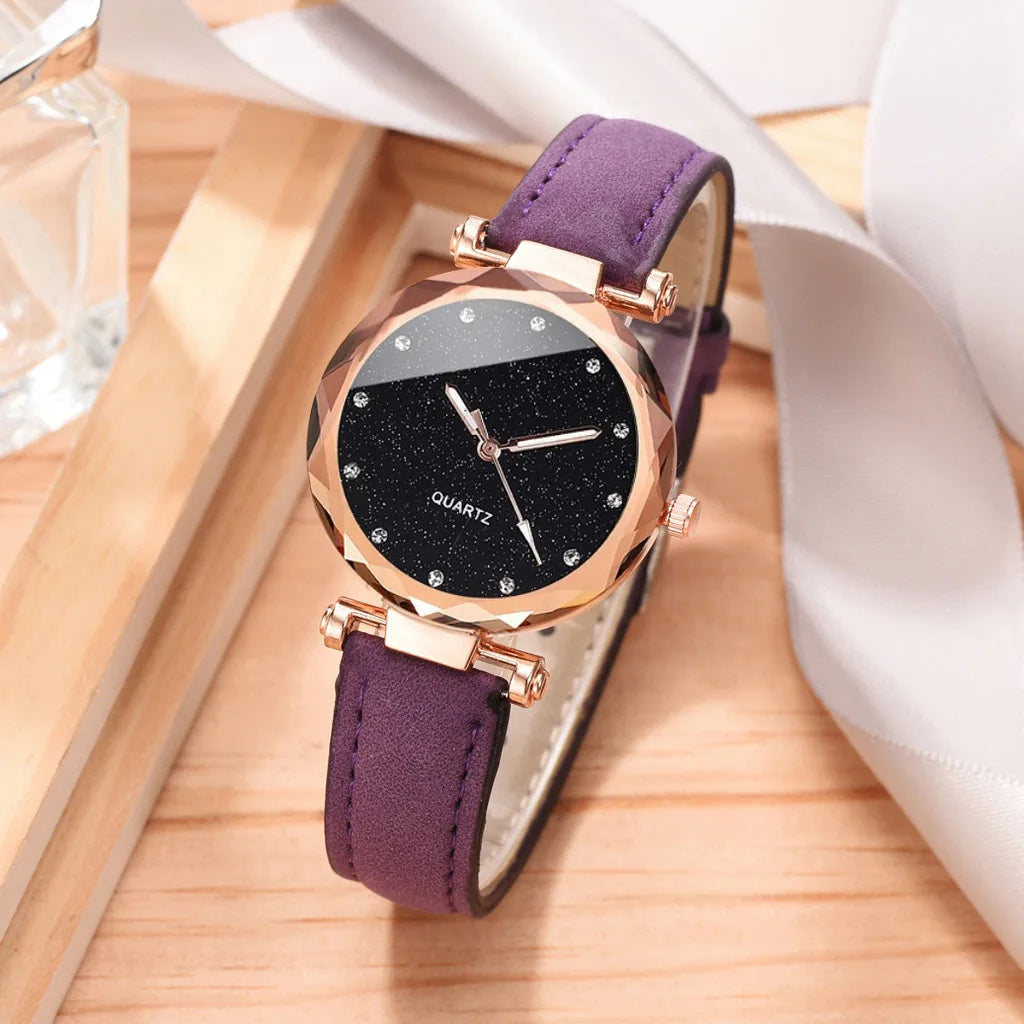 2pcs Luxury Fashion Women Watch Set PU Leather Strap Ladies Quartz Wristwatch Rhinestone RoseGold Alloy Bracelet For Ladies Gift