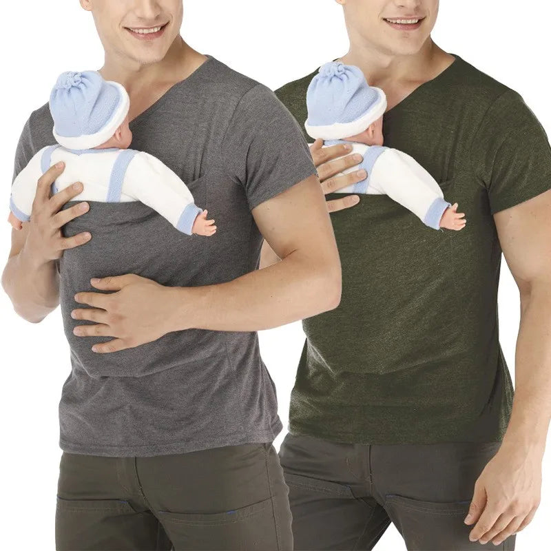 Men's V Neck Short Sleeve Kangaroo T Shirt Baby Carrier Shirt for Dad Skin to Skin Newborn Carry Pocket Parenting Casual Tee New