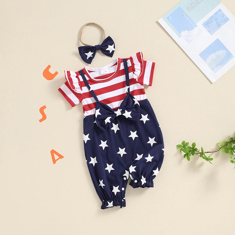 Newborn Baby Girl 4th of July Outfit American Flag Romper Ruffle Short Sleeve Jumpsuit with Headband