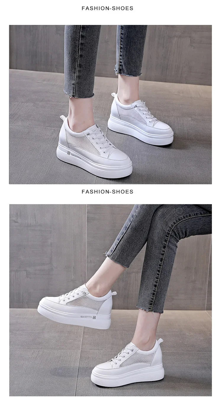 7cm Women Shoes Genuine Leather White Air Mesh Sneakers Chunky Shoes Platform Wedge Spring Autumn Breathable Summer Shoes 40