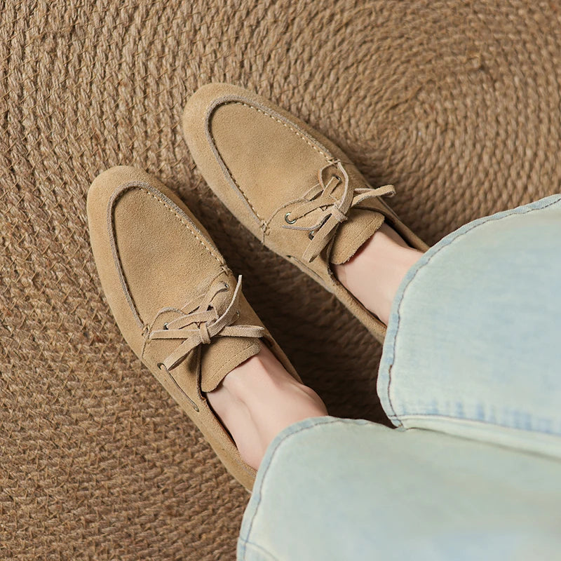2026 New Spring Genuine Leather Women Shoes Round Toe Women Flats Shoes for Women Retro Lace Up Loafers Fashion Ladies Shoes