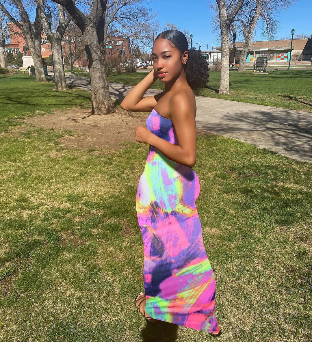 Spring And Summer Dresses For Women Chest Wrap Printed Off Shoulder Bandage Slim Sexy Long Dress New Fashion Party Long Sleeve