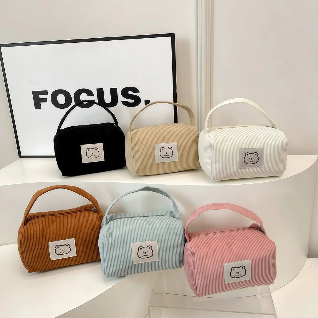 Bear Large Makeup Bag for Women Corduroy Cosmetic bag Make up Bags Zipper Pouch with handle Cosmetic Organizer Toiletry Bag