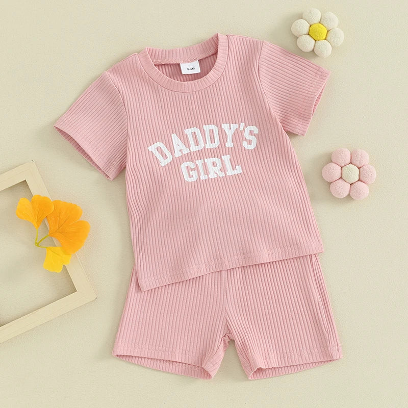 2Pcs Newborn Baby Girl Clothes Daddy s Girl Knitted Short Sleeve T-Shirt Tops Shorts Pants Set Toddler Summer Outfits